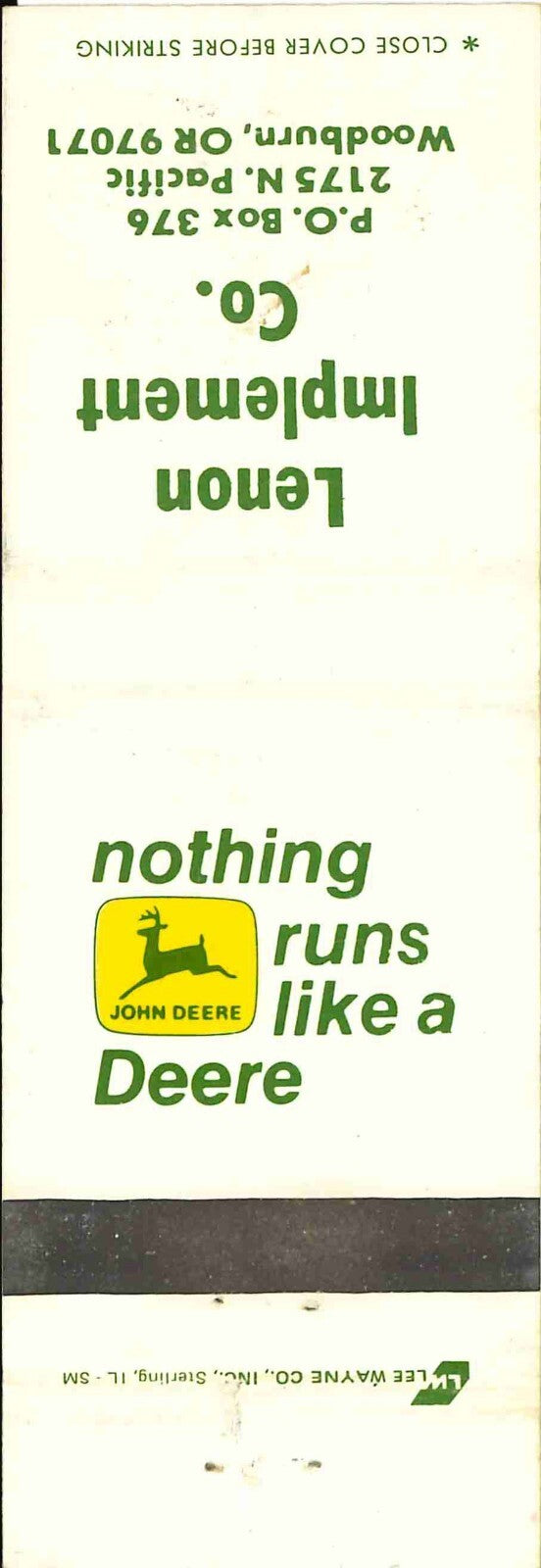John Deere Matchbook Cover 2 Leg Lenon Implement Woodburn OR