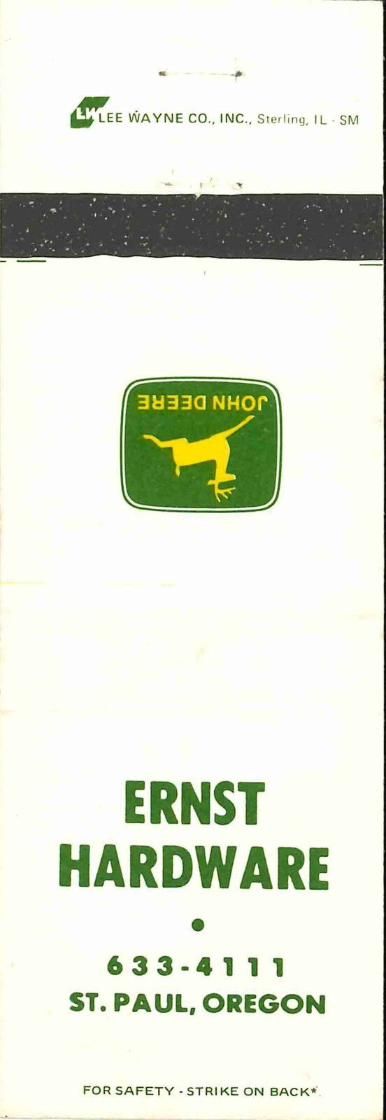 John Deere Matchbook Cover 2 Leg Ernst Hardware St Paul OR