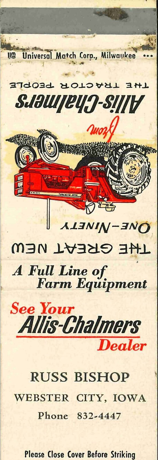 Matchbook Cover Allis Chalmers 190 Russ Bishop Webster City Iowa
