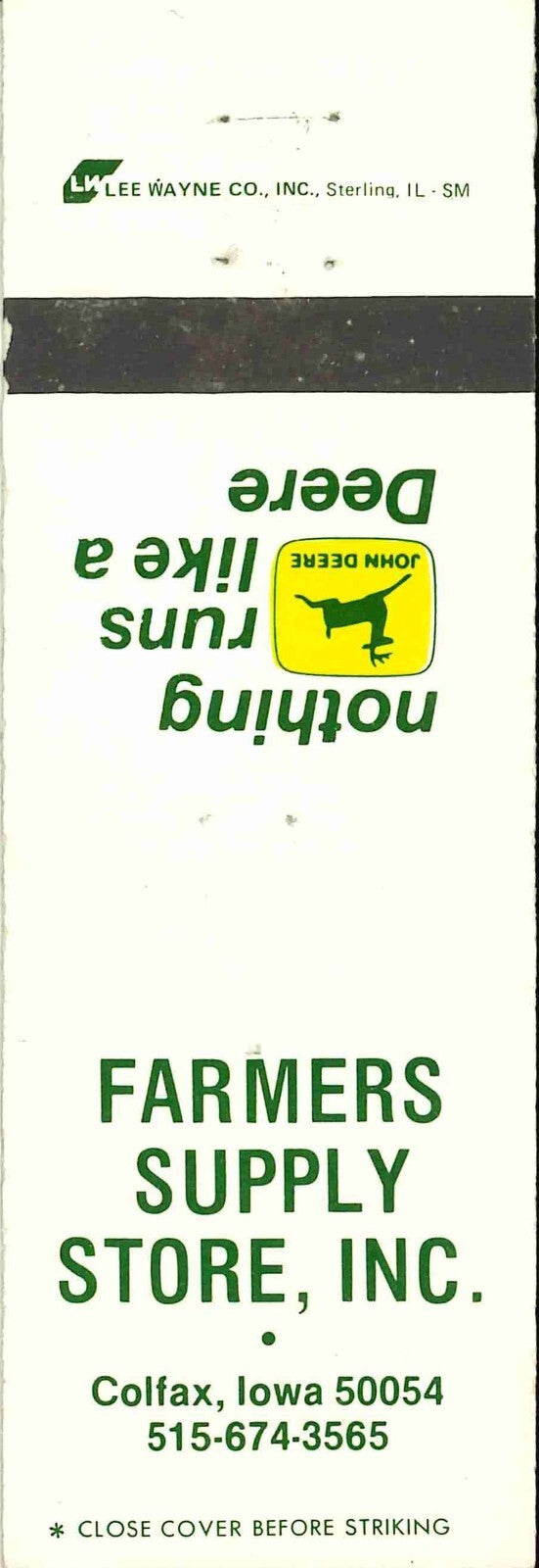John Deere Matchbook Cover 2 Leg Farmers Supply Store Caolfax IA