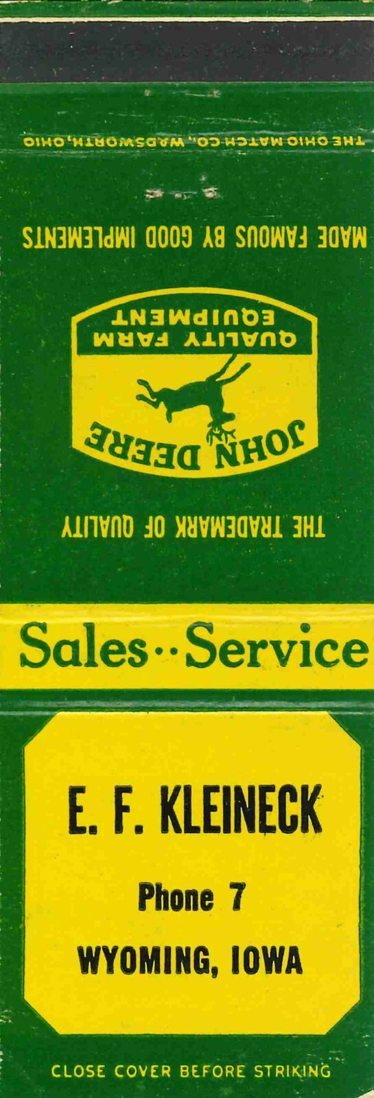 John Deere Matchbook Cover QFE E F Kleineck Wyoming Iowa