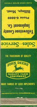 John Deere Matchbook Cover QFE Yellowstone County Implement Billings Montana
