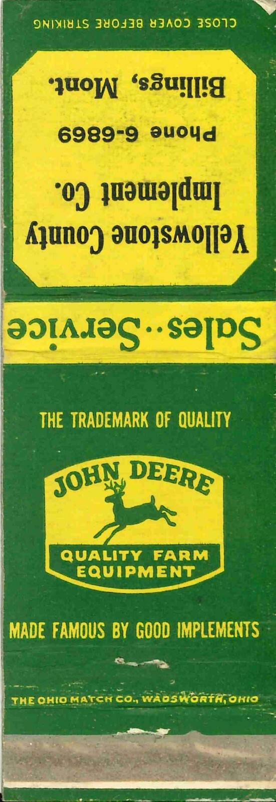 John Deere Matchbook Cover QFE Yellowstone County Implement Billings Montana