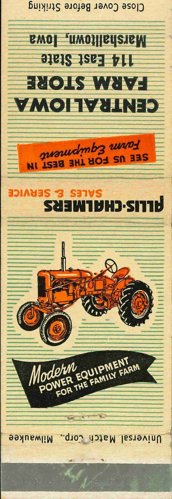 Matchbook Cover Allis Chalmers Central Iowa Farm Store Marshalltown Iowa
