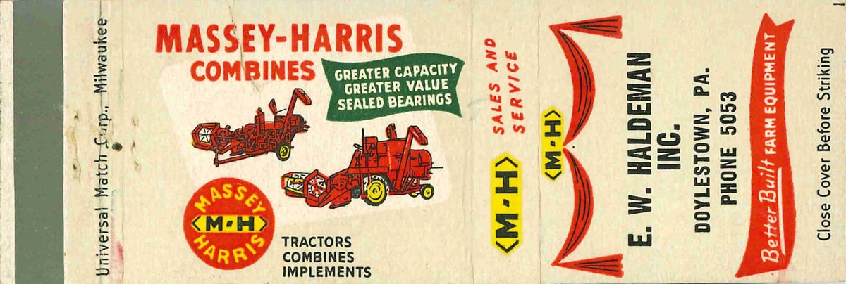 Matchbook Cover Massey Harris Combines E W Haldeman Doylestown Pennsylvania