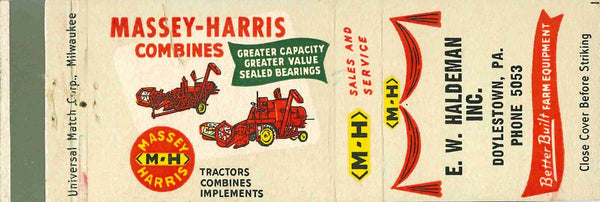 Matchbook Cover Massey Harris Combines E W Haldeman Doylestown Pennsylvania