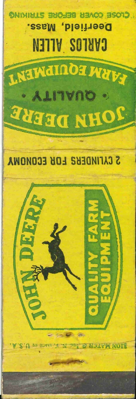 John Deere Matchbook Cover QFE Carlos Allen Deerfield Massachusetts 