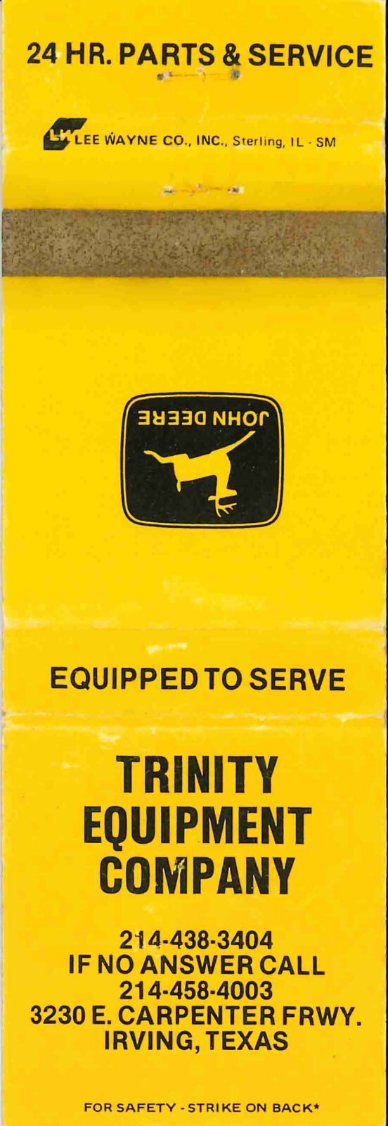 John Deere Matchbook Cover Trinity Equip Co Irving TX