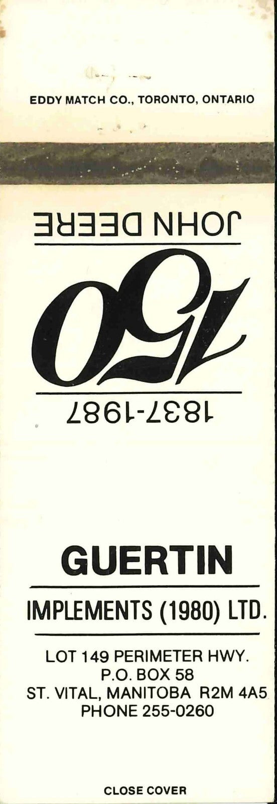 John Deere Matchbook Cover 150th Guertin Implements St Vital Manitoba 