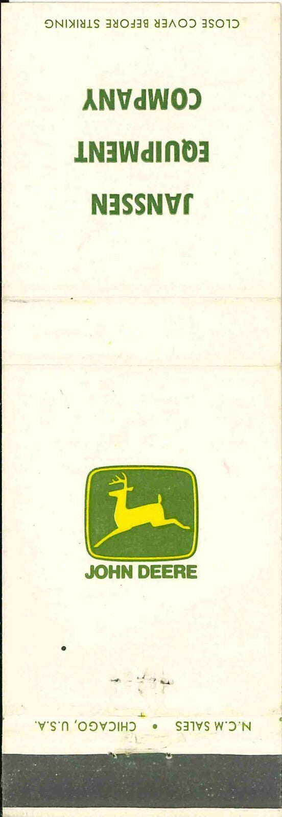 John Deere Matchbook Cover 2 Leg Janssen Equip CO