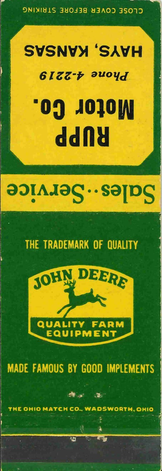 John Deere Matchbook Cover Rupp Motor Co Hays Kansas