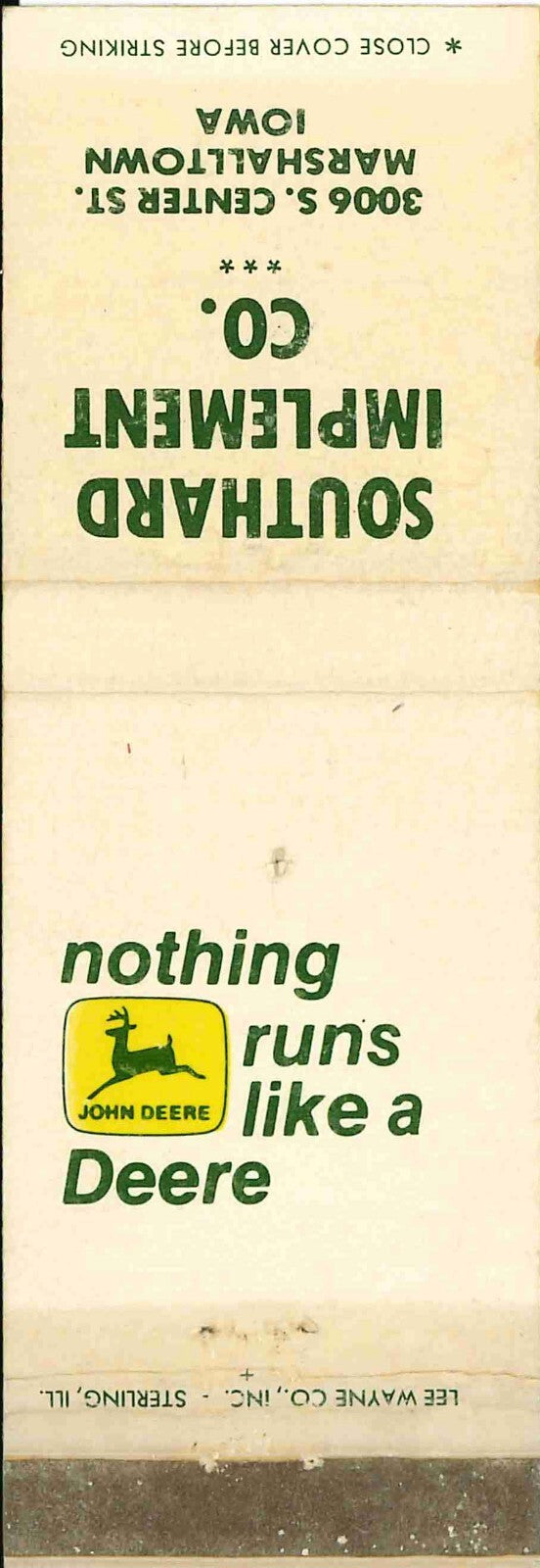 John Deere Matchbook Cover 2 Leg Southard Implement Marshalltown IA
