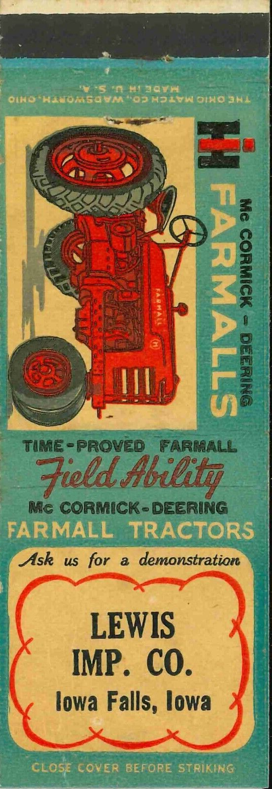 Matchbook Cover Farmall H Lewis Imp Co Iowa Falls Iowa
