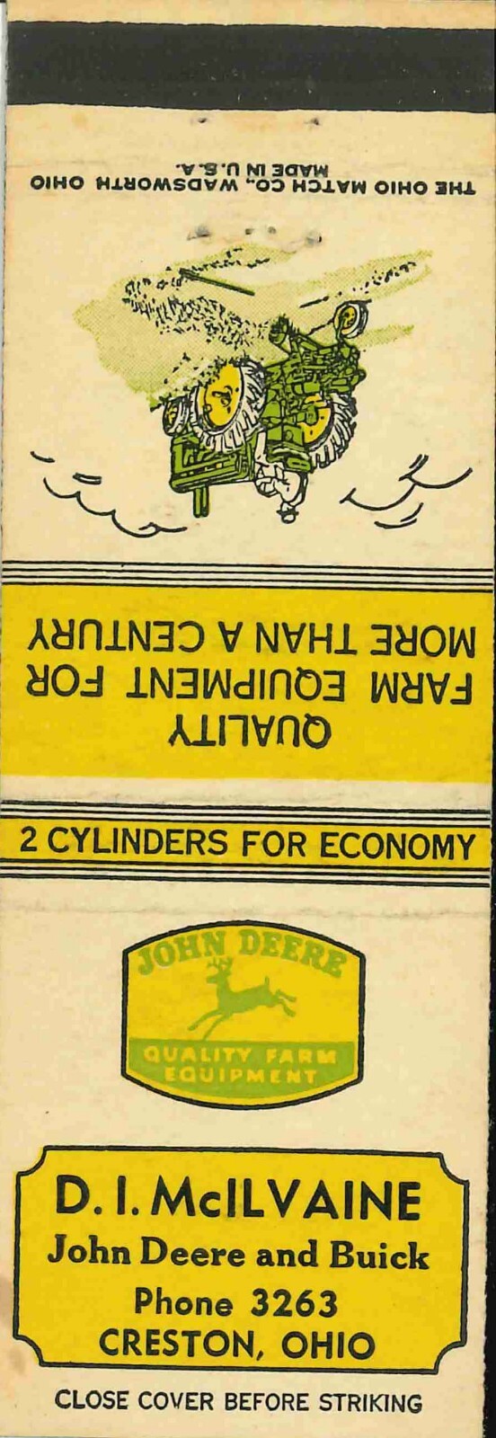 John Deere Matchbook Cover A w/ Mower D I McIlvaine Creston OH