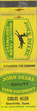 John Deere Matchbook Cover QFE Carlos Allen Deerfield Massachusetts 