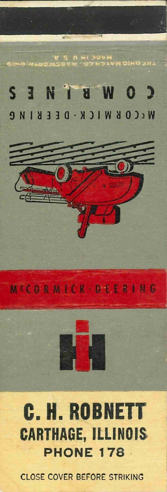 Matchbook Cover International Harvester Combine C H Robnett Carthage Illinois