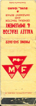 Matchbook Cover Massey Ferguson Valley Tractor Implement Buhl Idaho