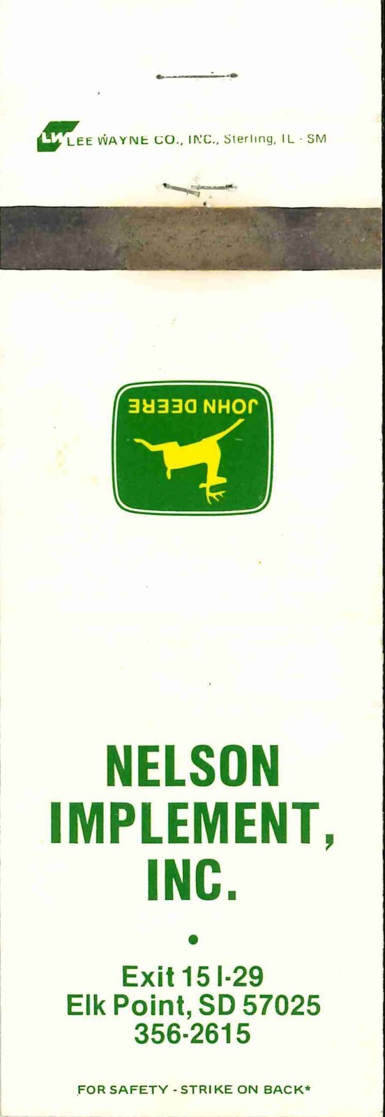 John Deere Matchbook Cover Neslon Implement Elk Point SD