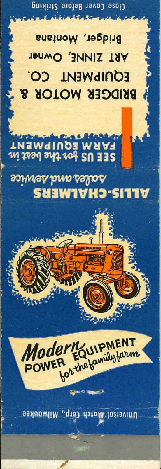 Matchbook Cover Allis Chalmers Rdiger Motor Art Zinne Bridger Montana