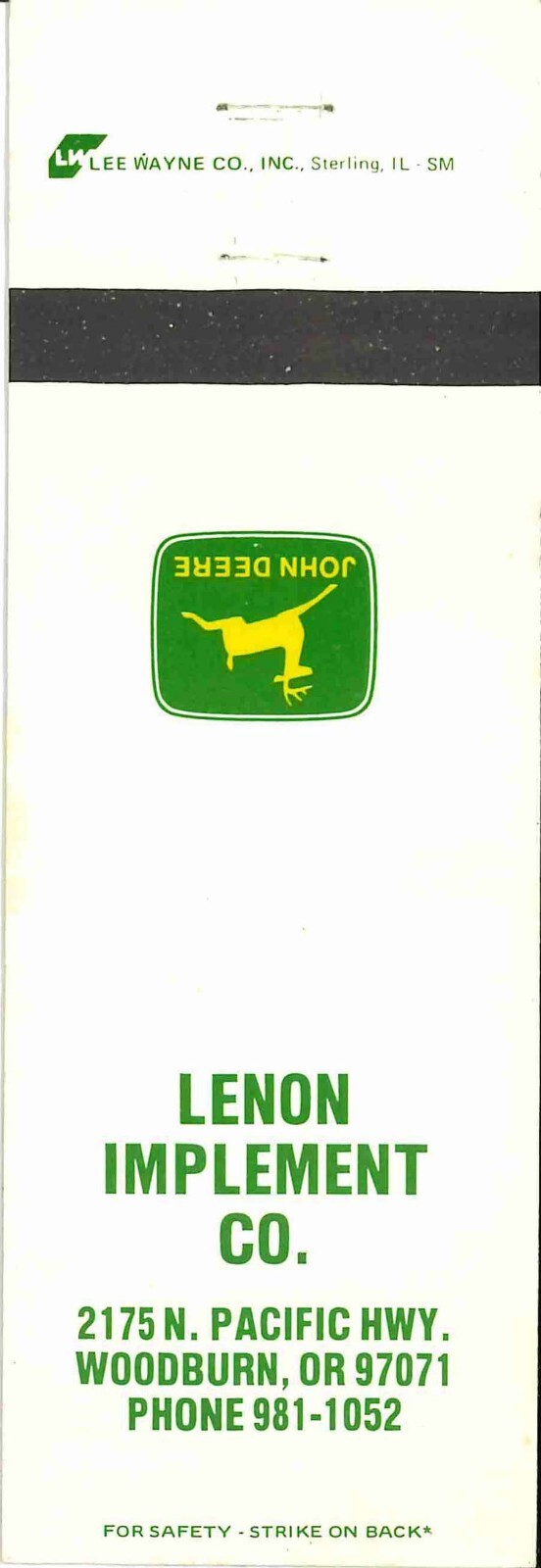 John Deere Matchbook Cover 2 Leg Lenon Imp Co Woodburn OR