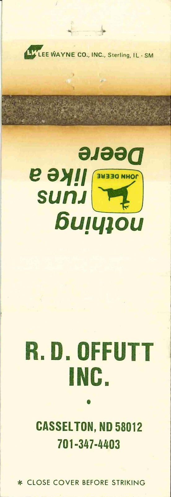 John Deere Matchbook Cover 2 Leg R D Offutt Casselton ND
