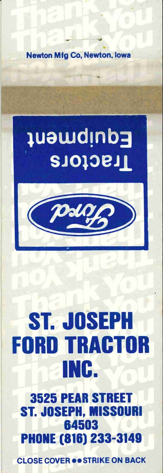 Matchbook Cover Ford Tractors St Joseph Ford Tractor Inc St Joseph Missouri