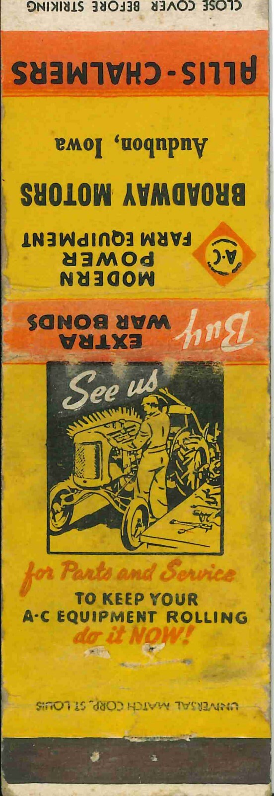 Matchbook Cover Allis Chalmers Tractor Broadway Motors Audubon Iowa