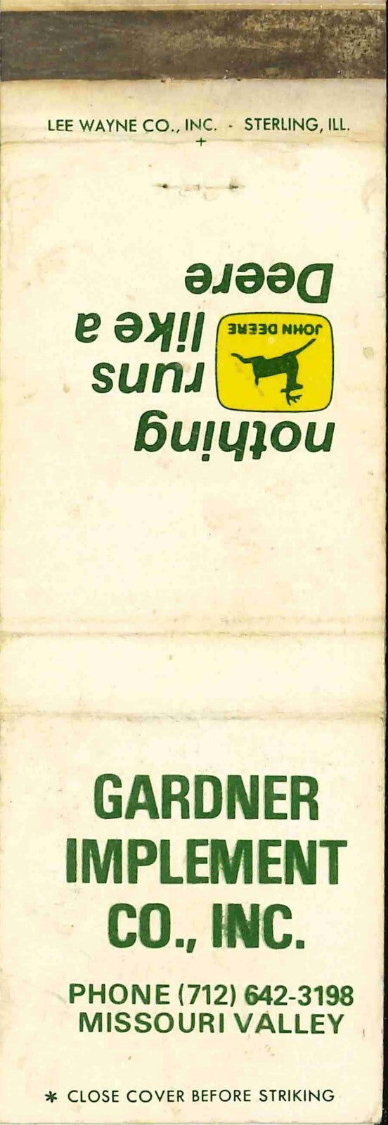 John Deere Matchbook Cover 2 Leg Gardner Imp Co Missouri Valley