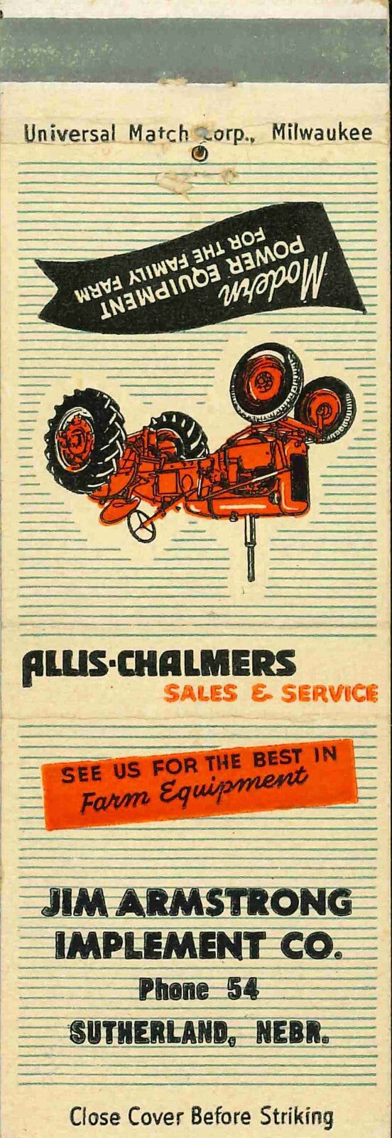 Matchbook Cover Allis Chalmers Jim Armstrong Imp Co Sutherland Nebraska