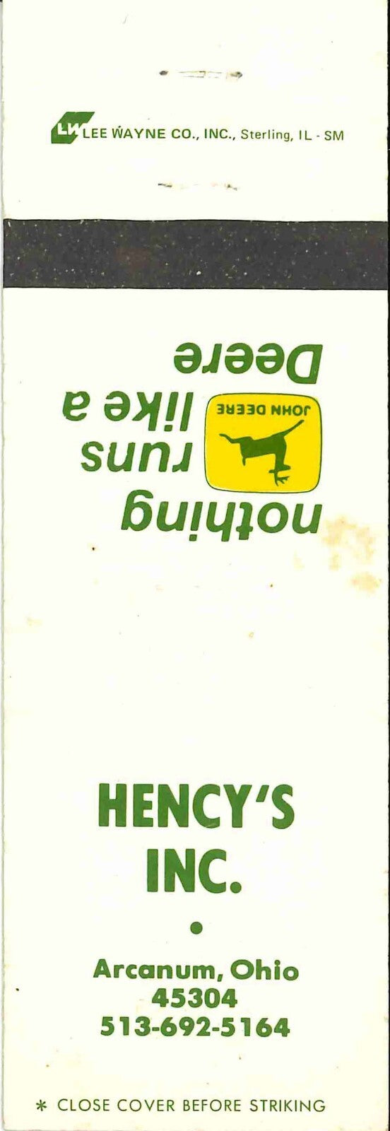 John Deere Matchbook Cover 2 Leg Hencys Inc Arcanum OH