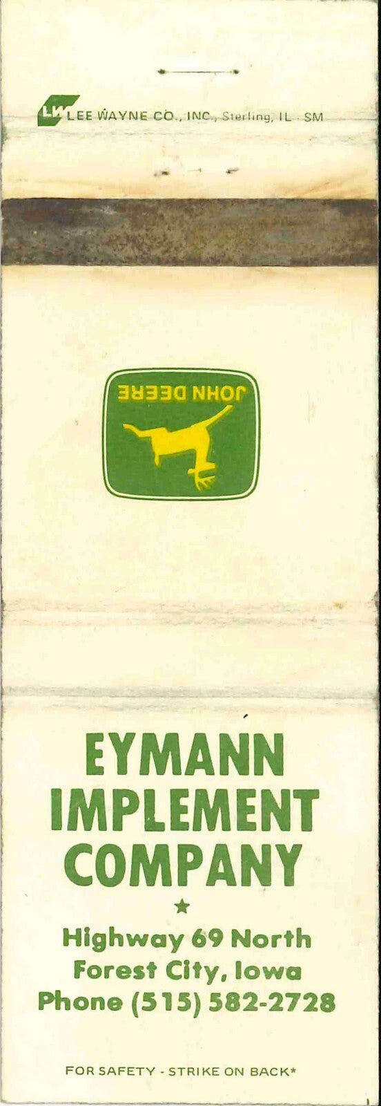 John Deere Matchbook Cover 2 Leg Eymann Implement Co Forest City IA