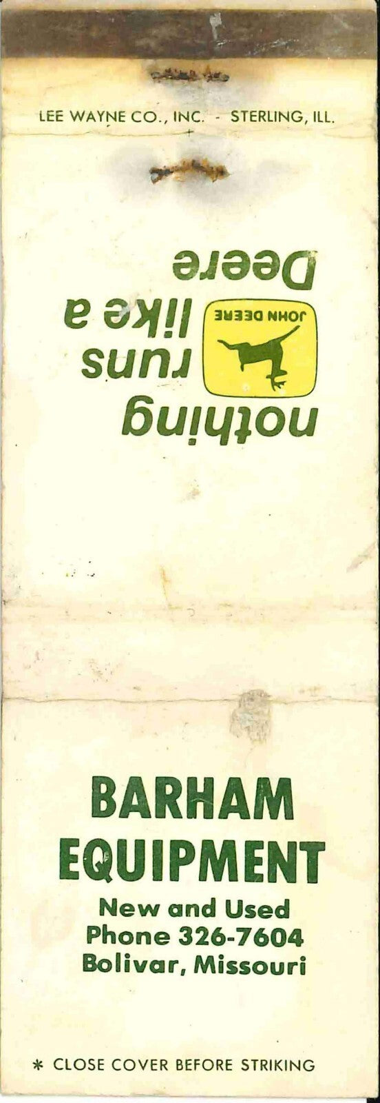 John Deere Matchbook Cover 2 Leg Barham Equip Bolivar Missouri