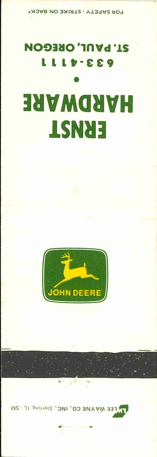 John Deere Matchbook Cover 2 Leg Ernst Hardware St Paul OR