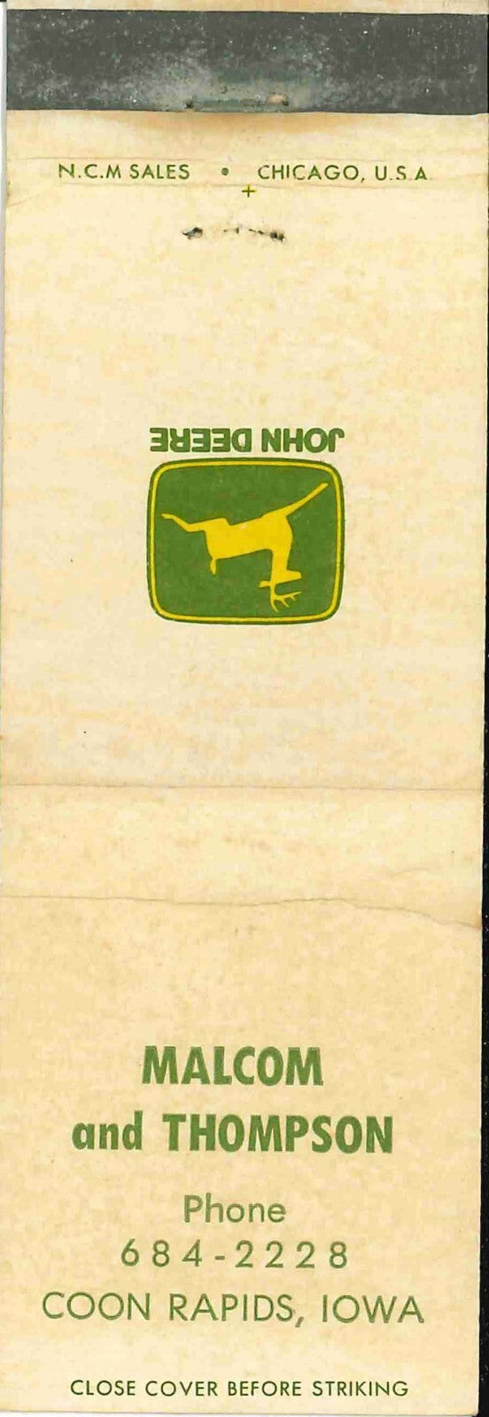 John Deere Matchbook Cover 2 Leg Malcom Thompson Con Rapids IA