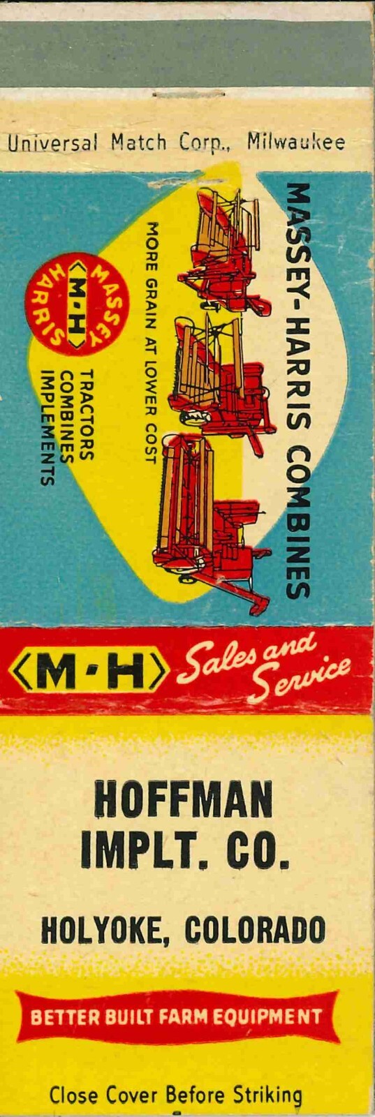 Matchbook Cover Massey Harris Combines Hoffman Implt Holyoke Colorado