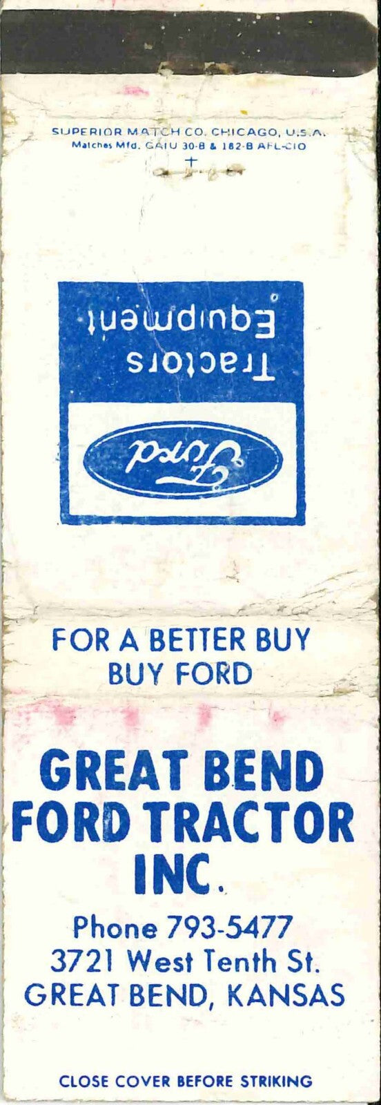 Matchbook Cover Ford Tractors Great Bend Ford Tractor Inc Great Bend Kansas