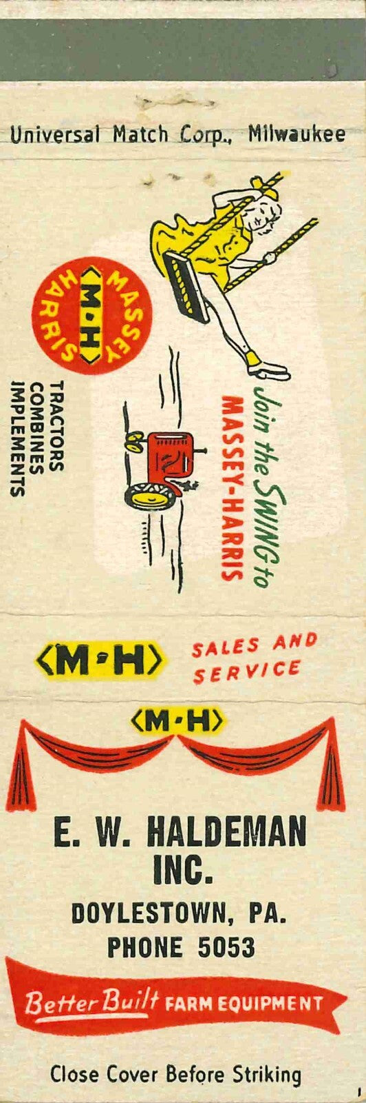 Matchbook Cover Massey Harris Tractors E W Haldeman Doylestown Pennsylvania