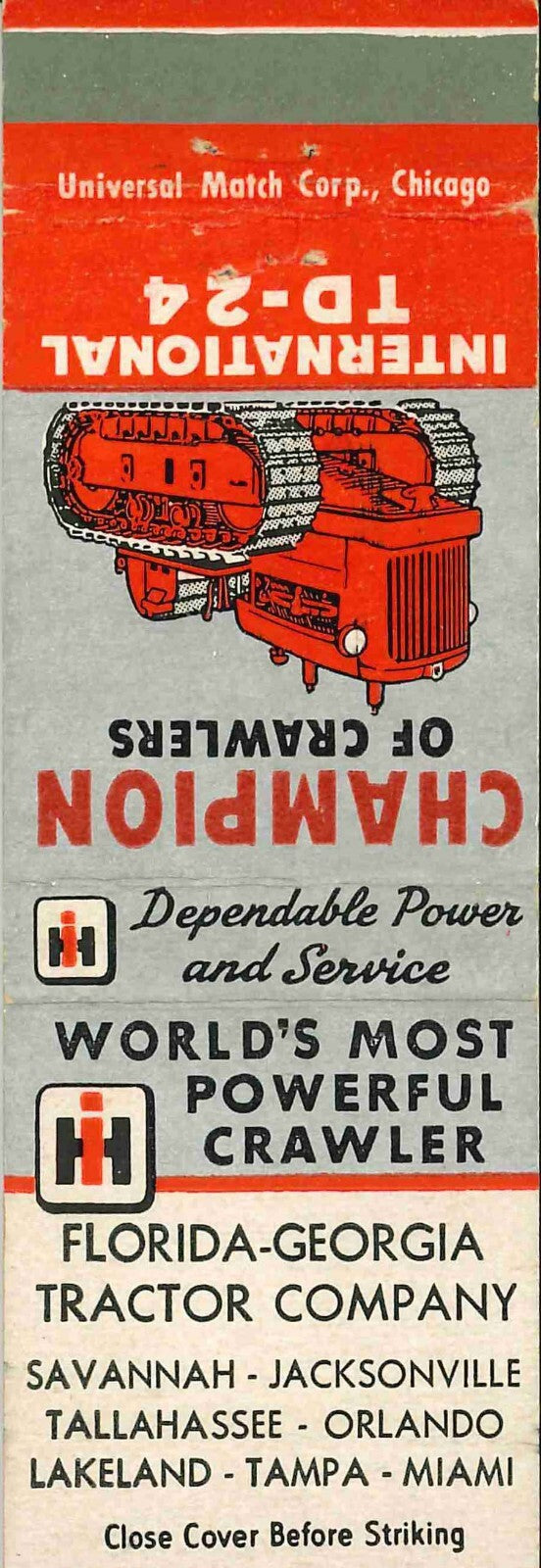 Matchbook Cover International Crawler TD 24 Florida Georgia Tractor Co