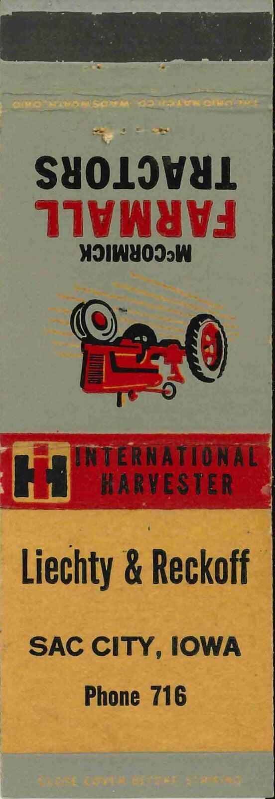 Matchbook Cover Farmall Liechty Reckoff Sac City Iowa