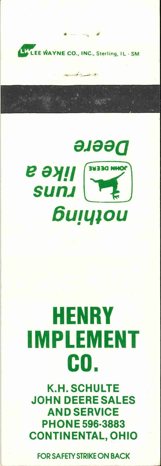 John Deere Matchbook Cover Henry Implement Co Continental OH