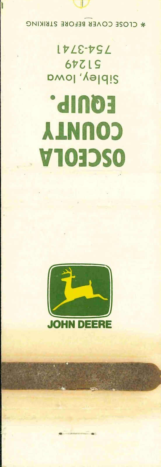 John Deere Matchbook Cover Osceola County Equip Shibley IA