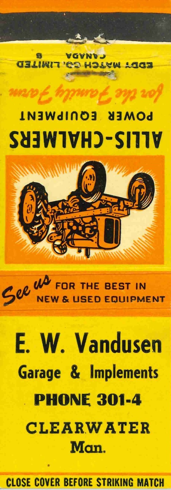 Matchbook Cover Allis Chalmers Tractor WD E W Vandusen Clearwater Manitoba