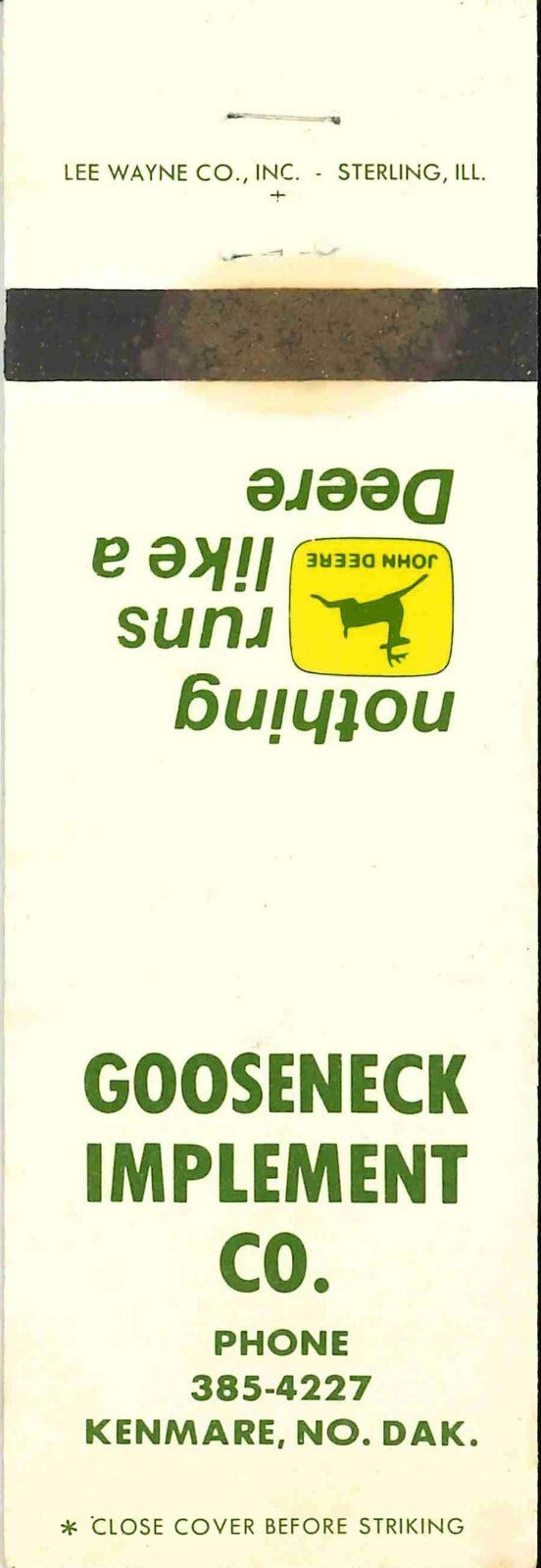 John Deere Matchbook Cover 2 Leg Gooseneck Imp Kenmare ND