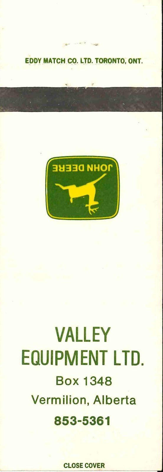 John Deere Matchbook Cover 2 Leg Valley Equipment Vermillion Alberta