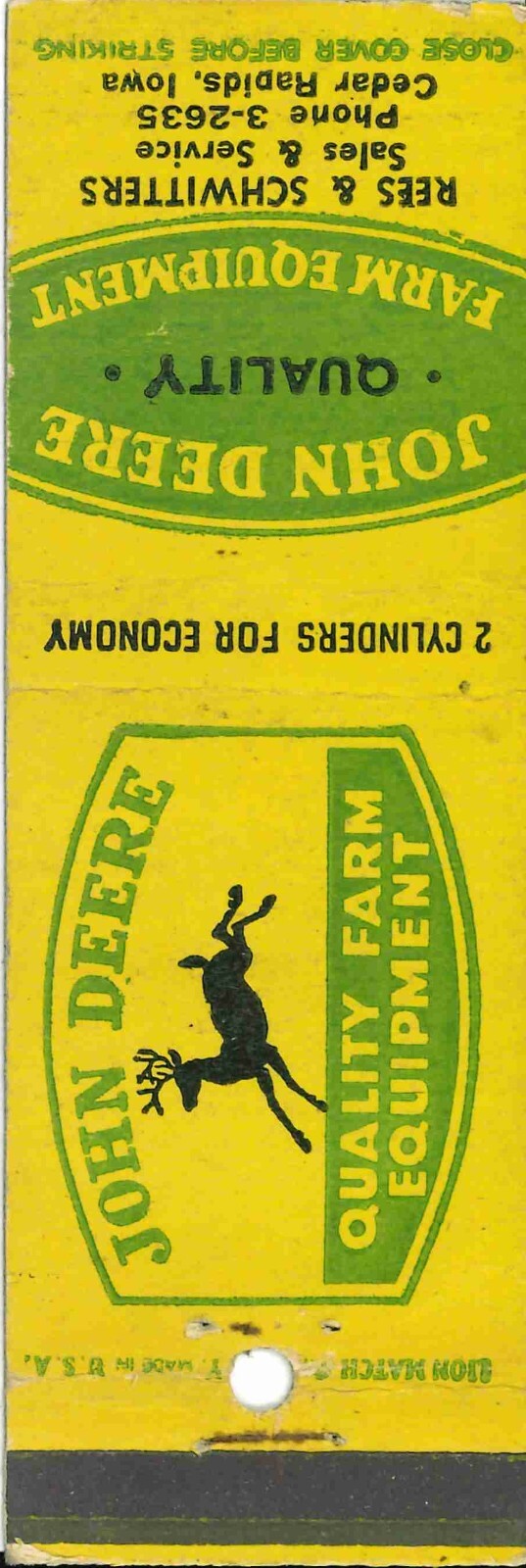 John Deere Matchbook Cover QFE Rees & Schwitters Cedar Rapids Iowa