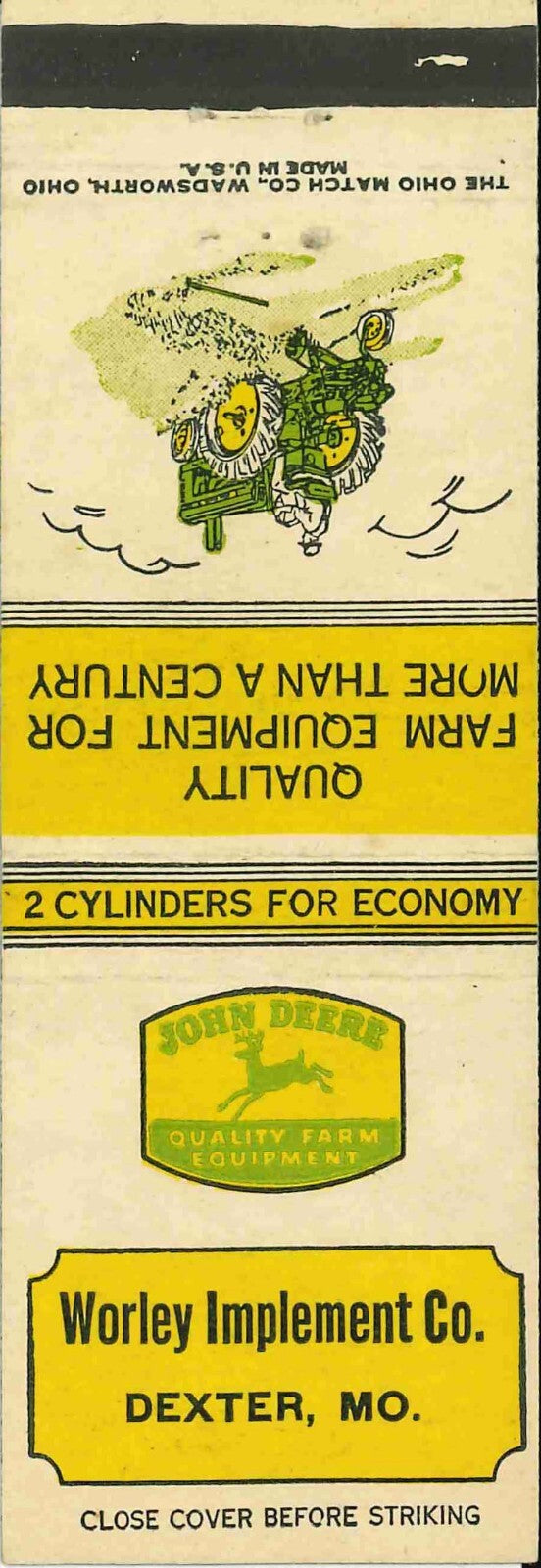 John Deere Matchbook Cover A w/ Mower Worley Imp Co Dexter MO