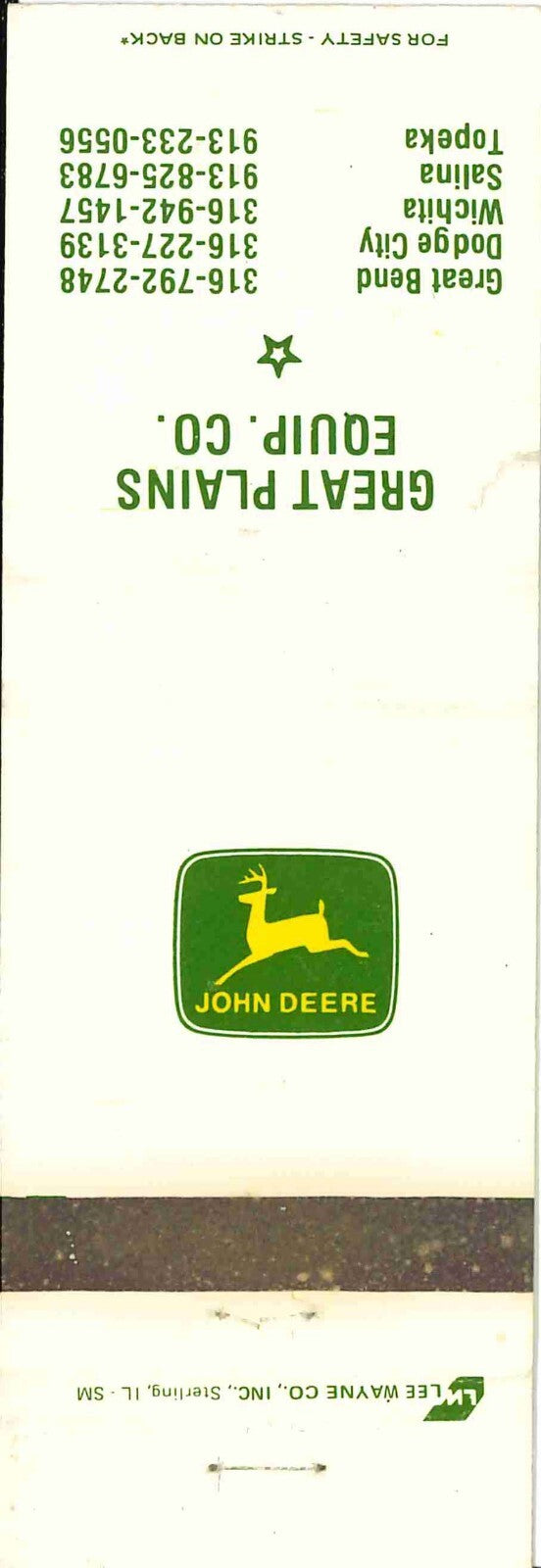 John Deere Matchbook Cover 2 Leg Great Plains Equip Co Kansas