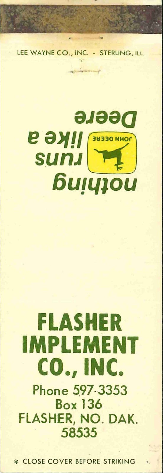 John Deere Matchbook Cover 2 Leg Flasher Imp Co Flasher ND