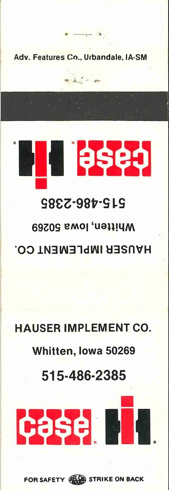 Matchbook Cover Case IH Hauser Imp Co Whitten Iowa