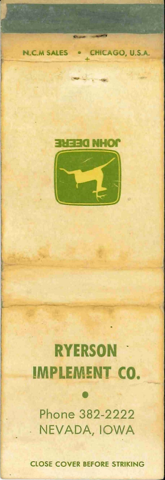John Deere Matchbook Cover 2 Leg Ryerson Imp CO Nevada IA